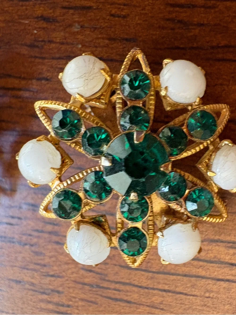 Vintage Gold-Tone Green Crystal and White Stone Floral like Brooch  - Set of 2
